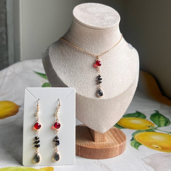 Jewelry Set Black Onyx Garnet Red Pearl Dangle Drop Witchy Gothic Vampy Fun